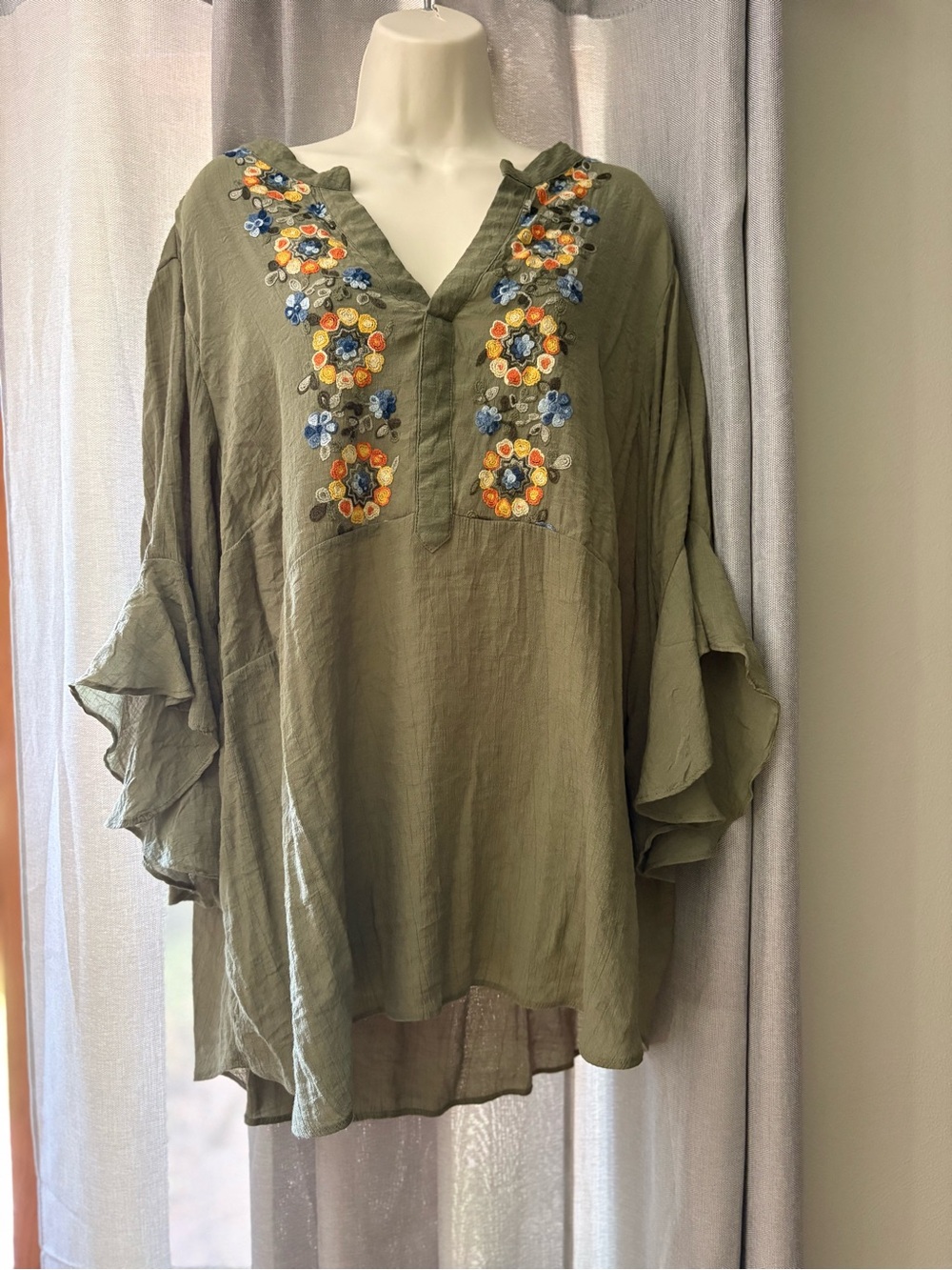 Olivia & Martin Boho Embroidered Tunic Top Olive Green Peasant Ruffle Blouse 3X